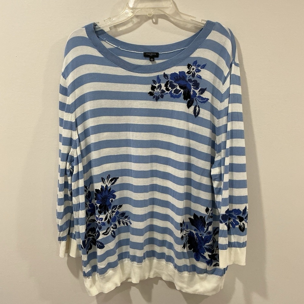 Talbots Nautical Sweater Women Size 3X Long Sleeve Boat Neck Striped Floral